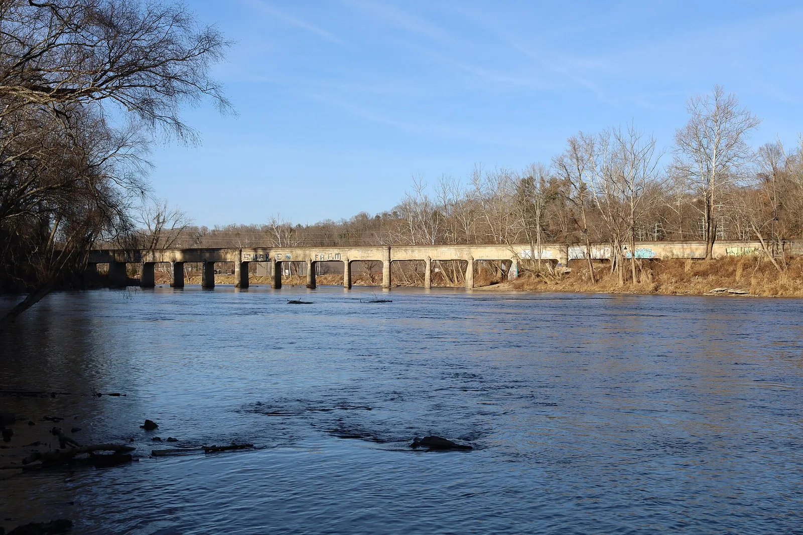 The railroad bridge over the French Broad River in Asheville.