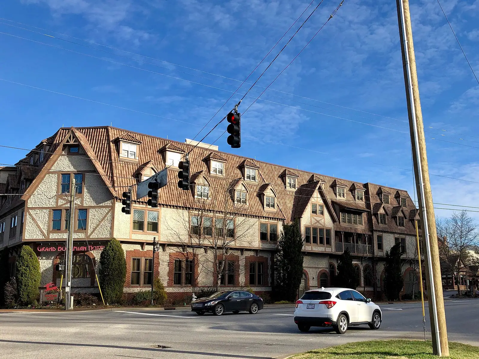 The Grand Bohemian hotel and its Red Stag Grill on Boston Way in Biltmore Village, Asheville.