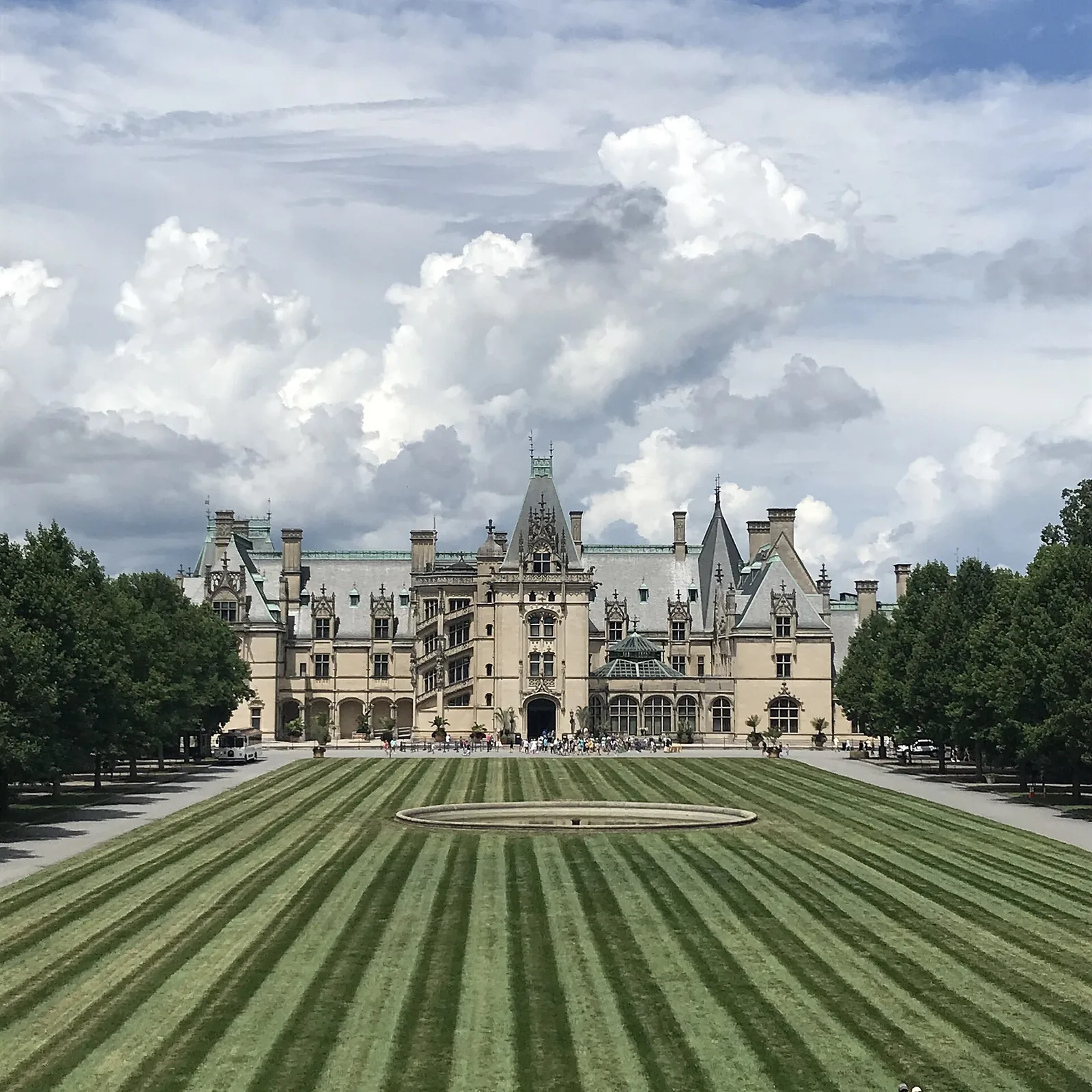 The Esplanade lawn in front of Biltmore House on the Biltmore Estate in Asheville, where leashed dogs may walk the grounds.