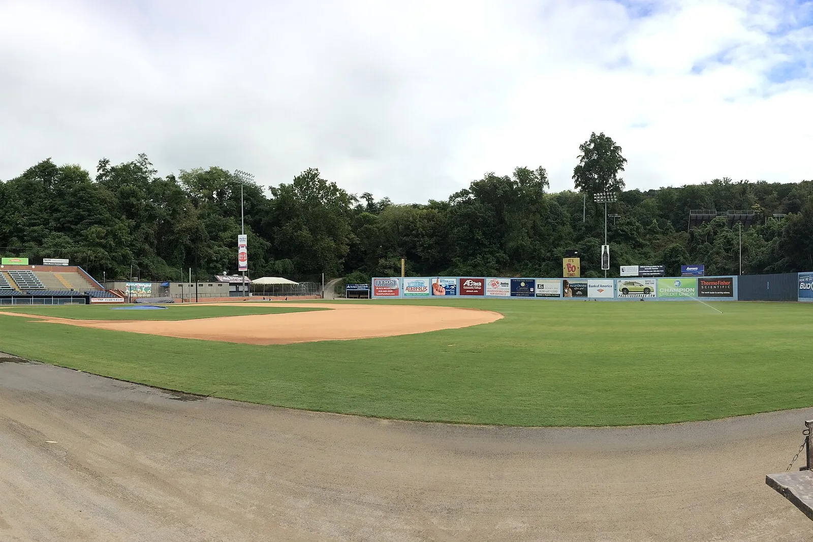 The infield and outfield wall at HomeTrust Park, formerly McCormick Field, home of the Asheville Tourists.