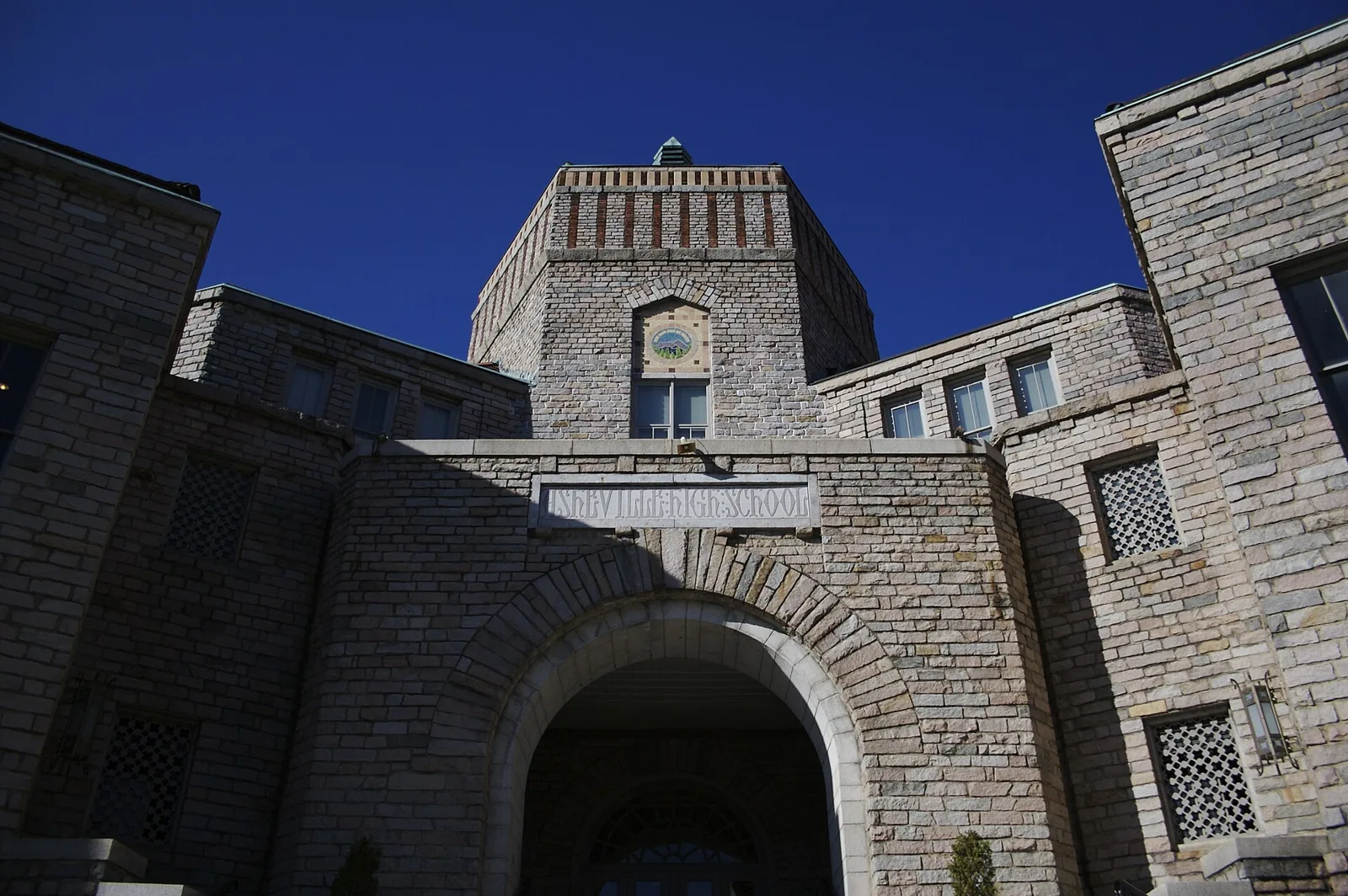 The main entrance of Asheville High School on McDowell Street.
