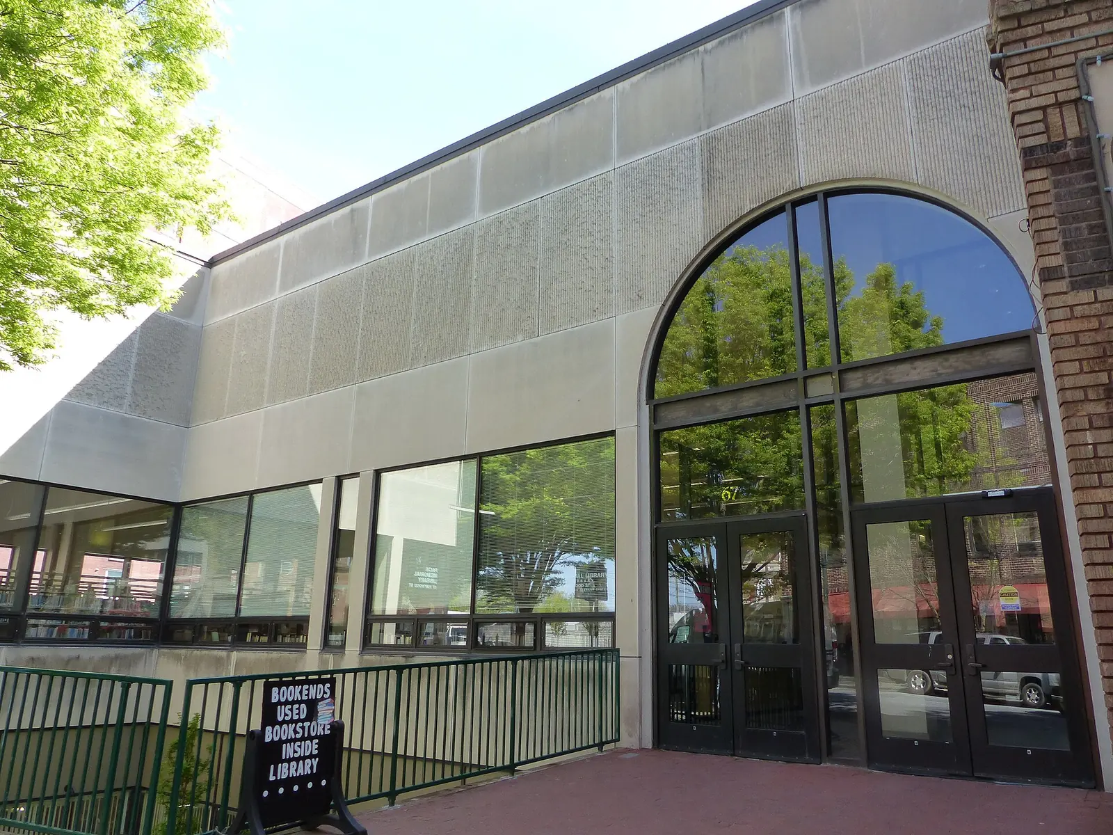The Haywood Street entrance of Pack Memorial Library, the main library of Buncombe County Public Libraries, in downtown Asheville.