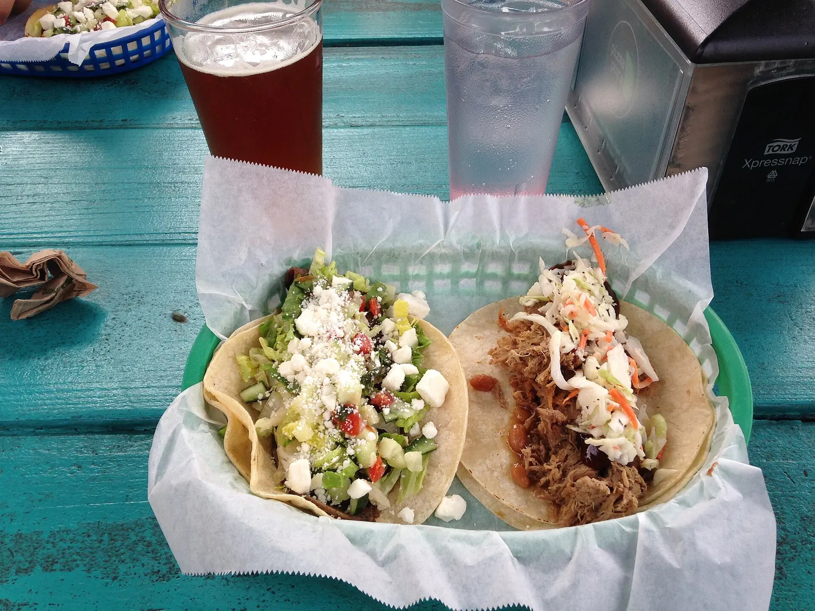 A Greek taco and a barbecue taco at White Duck Taco Shop in Asheville.