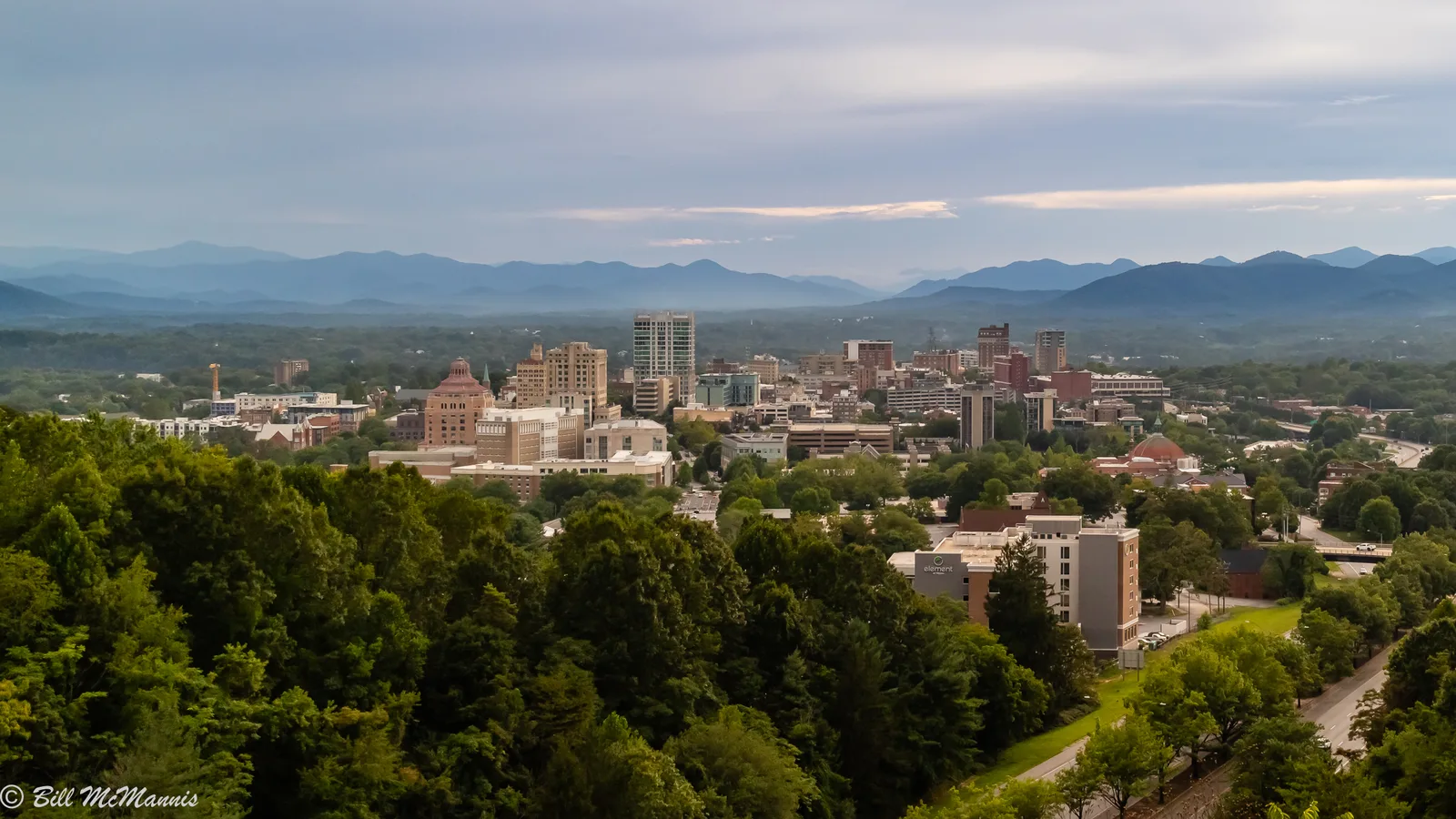 Downtown Asheville and the mountains beyond, seen from Beaucatcher Mountain on the city's east side