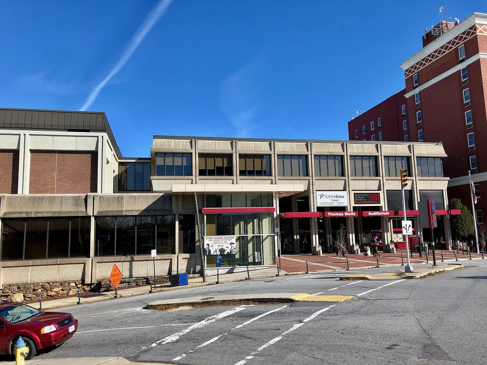 The Harrah's Cherokee Center Asheville complex on Haywood Street in downtown Asheville, home of the arena and Thomas Wolfe Auditorium, under an earlier name on its sign.