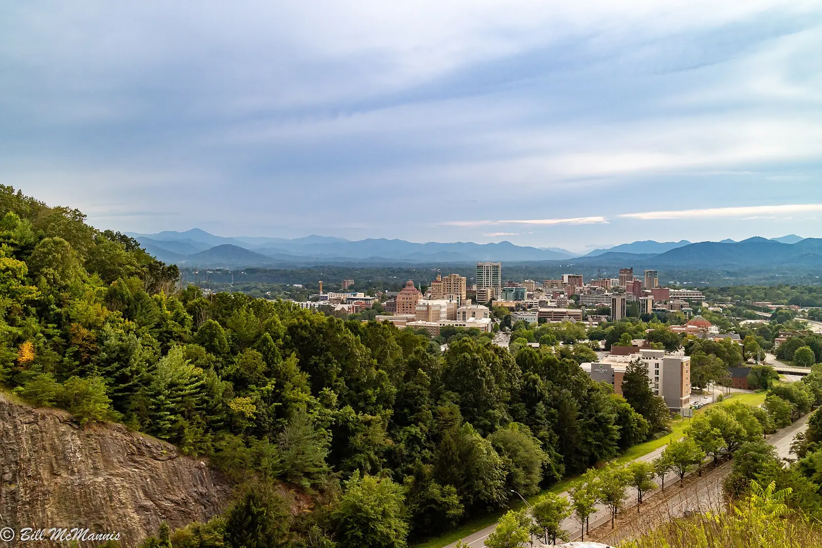 The Asheville skyline seen from Beaucatcher Mountain, with the Blue Ridge beyond.