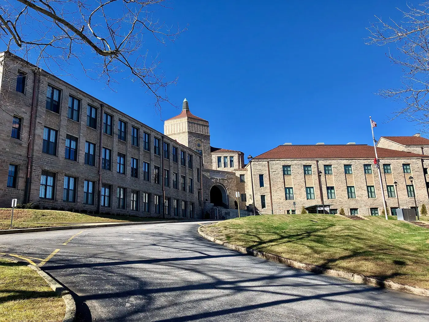 Asheville High School's stone buildings and arched entrance on its McDowell Street campus in Asheville