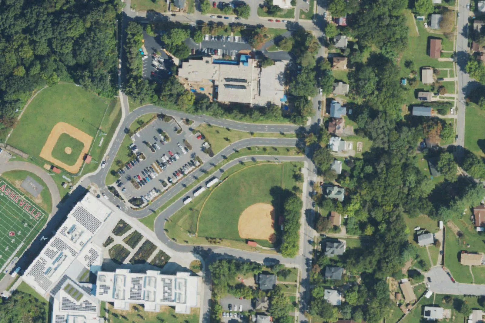 Asheville Middle School and its ball fields off South French Broad Avenue in Asheville, seen from the air