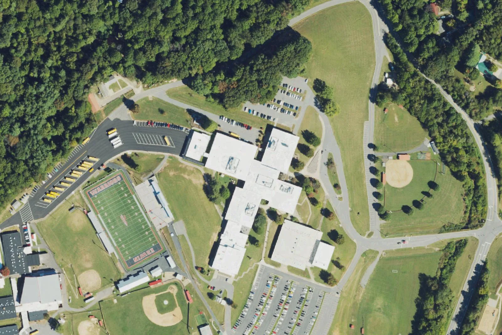 Erwin High School's buildings, stadium and ball fields off Lees Creek Road, seen from the air