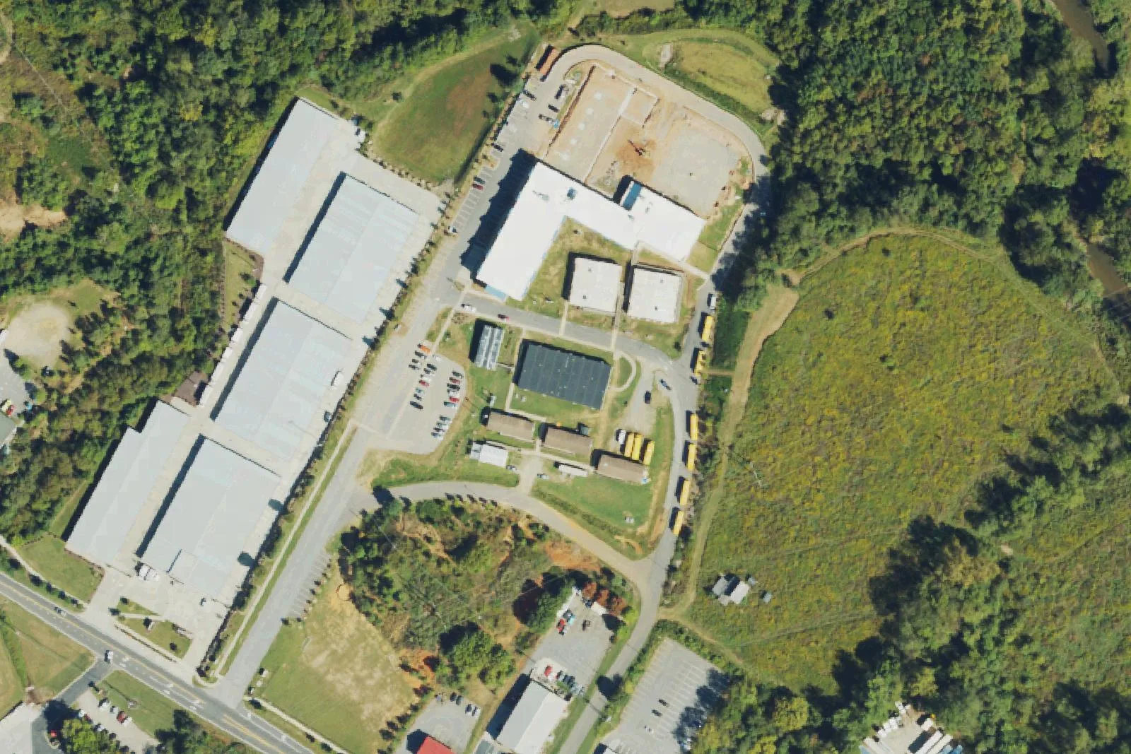The Franklin School of Innovation's campus and new wing on Innovation Drive in west Asheville, seen from the air