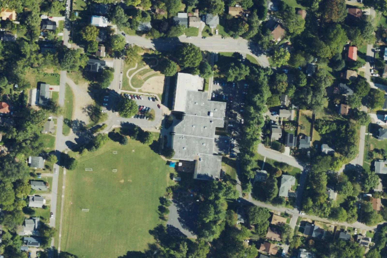 Hall Fletcher Elementary School and its field on Ridgelawn Road in West Asheville, seen from the air
