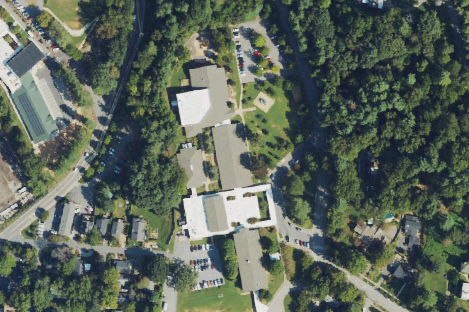Ira B. Jones Elementary School's buildings on Kimberly Avenue in north Asheville, seen from the air