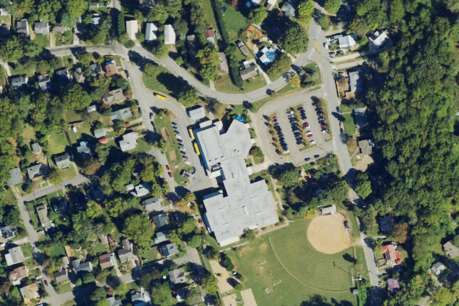 Lucy S. Herring Elementary School and its ball field on Sulphur Springs Road in West Asheville, seen from the air