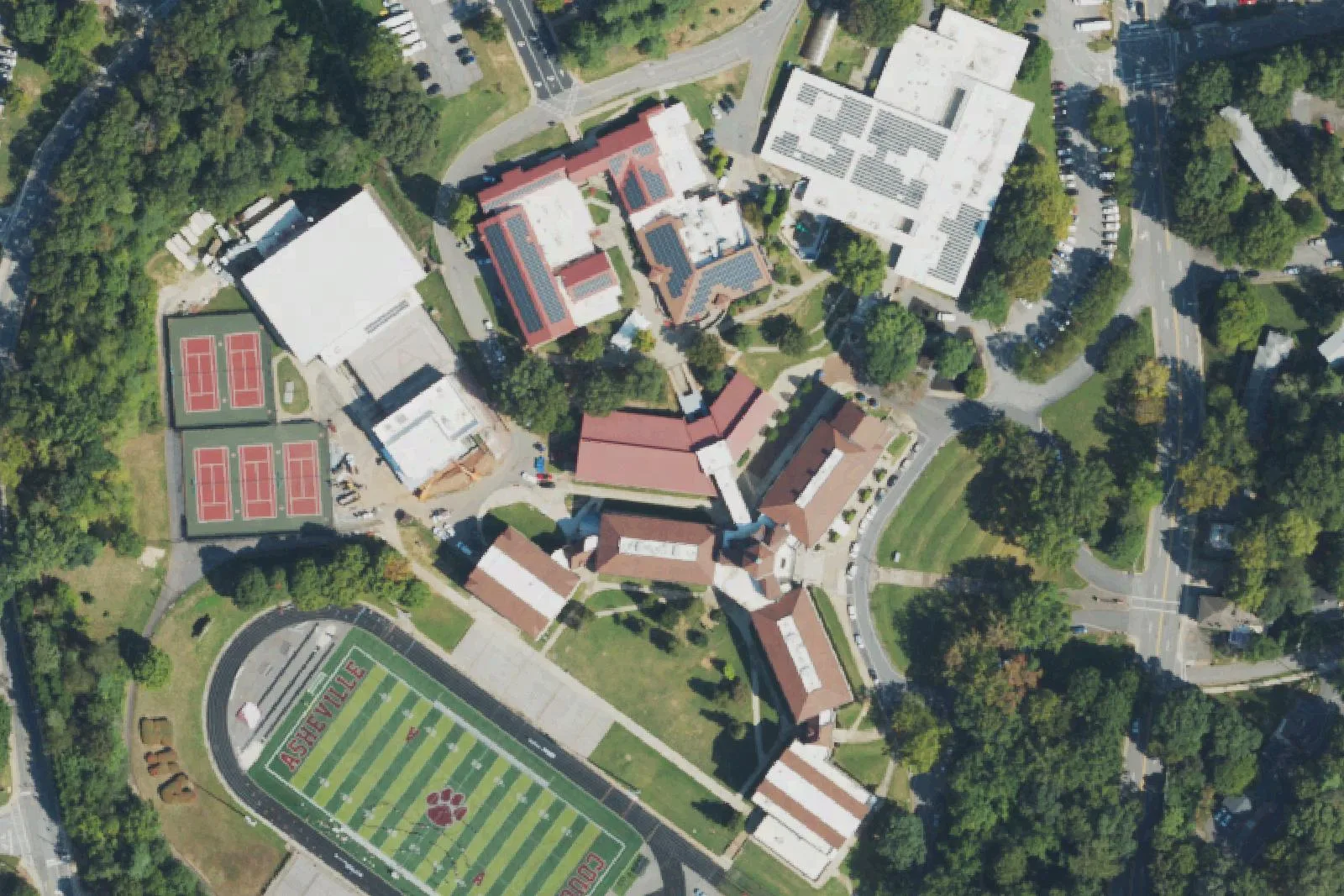 The Asheville High and SILSA campus on McDowell Street, with its stadium and tennis courts, seen from the air