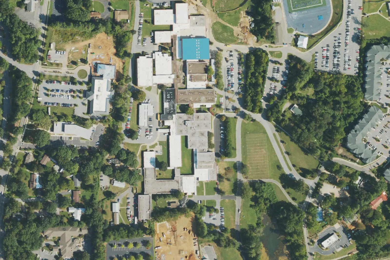 T.C. Roberson High School and the neighboring Overlook Road school campus in south Asheville, seen from the air