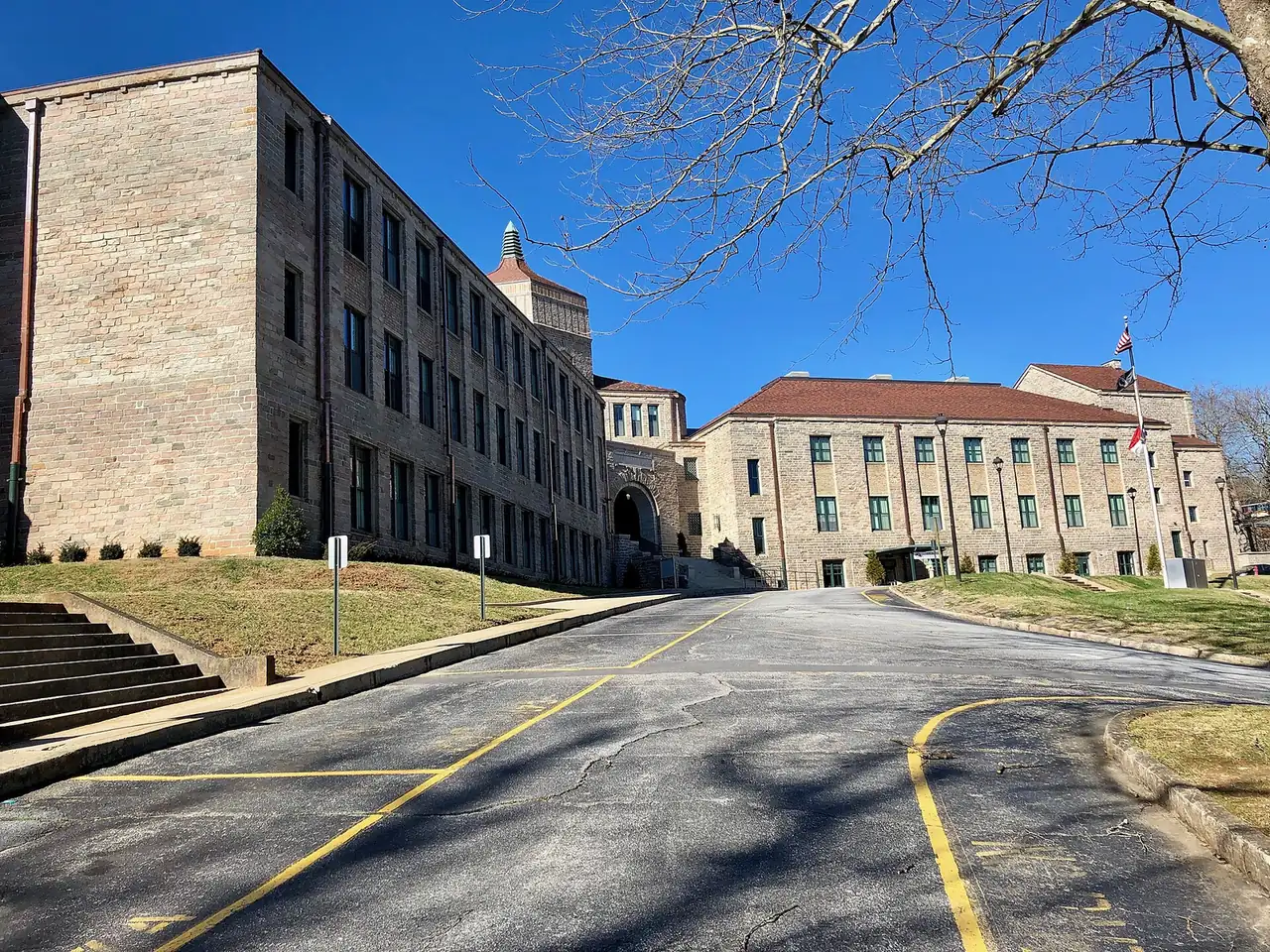 The stone campus of Asheville High School, the high school of Asheville City Schools.