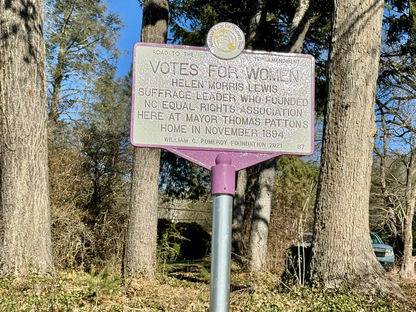 A Votes for Women historical marker on Charlotte Street in Asheville, where Helen Morris Lewis founded the North Carolina Equal Rights Association in 1894.
